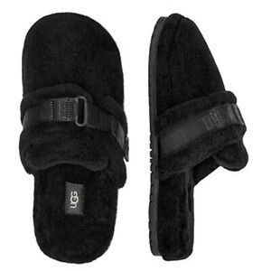 UGG Black Fuzzy Wool Closed Round Toe Logo Print Strap Slippers